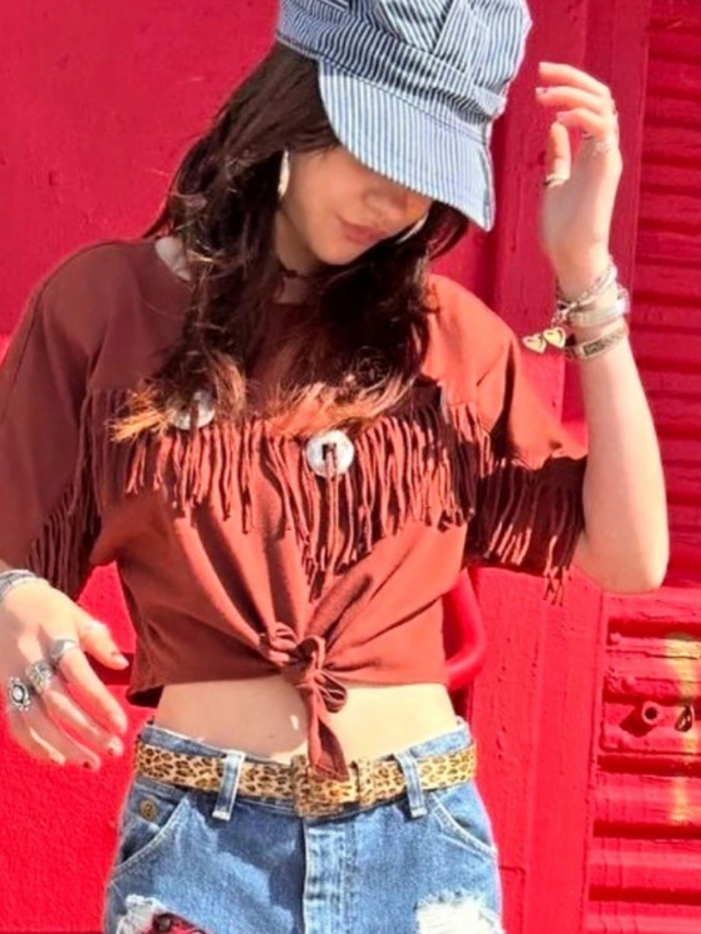 Vintage Impact Fringe 1980S-90S WESTERN FRINGE   CONCHO CROPPED TIE FRONT TOP